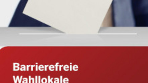 Auf dem Bild ist das Deckblatt der Broschüre zu sehen. Auf dem Deckblatt steht "Barrierefreie Wahllokale und Verhaltenstipps für Wahlhelfer"