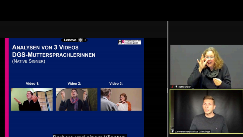 Screenshot Webinar DGS+ mit Präsentation, Referentin und Dolmetscher