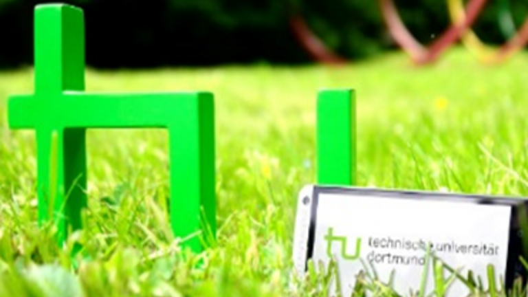 Logo der technischen Universität Dortmund aus Holz auf einer Wiese