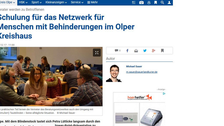 Webseite vom SauerlandKurier mit dem Bericht "Schulung für das Netzwerk für Menschen mit Behinderungen im Olper Kreishaus"