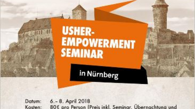 Poster der Veranstaltung: Usher-Empowerment-Seminar in Nürnberg. Im Hintergrund ist ein Panoramabild der Nürnberger Alstadt zu sehen. 