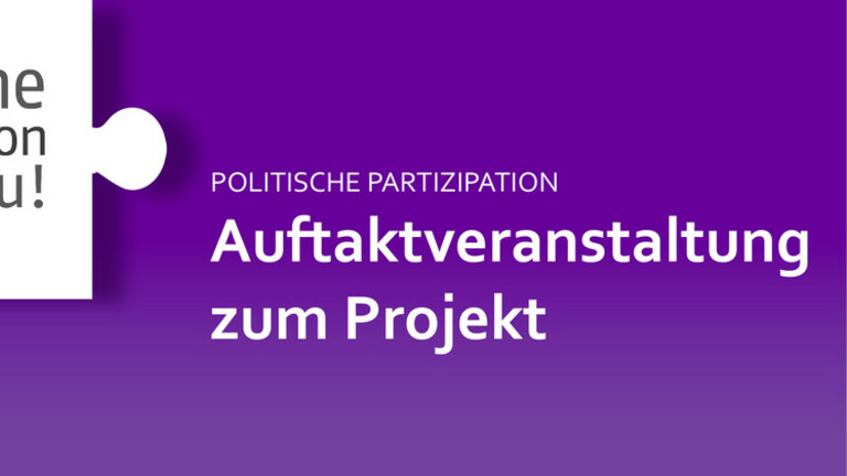 Grafik mit Logo vom Projekt Politische Partizipation Passgenau, Text Auftaktveranstaltung zum Projekt