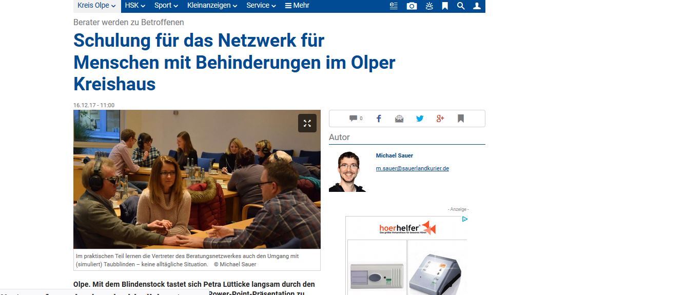 Webseite vom SauerlandKurier mit dem Bericht "Schulung für das Netzwerk für Menschen mit Behinderungen im Olper Kreishaus"