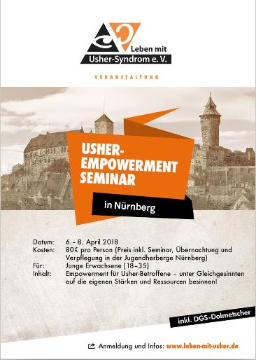 Poster der Veranstaltung: Usher-Empowerment-Seminar in Nürnberg. Im Hintergrund ist ein Panoramabild der Nürnberger Alstadt zu sehen. 
