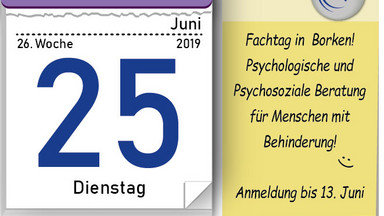 Eine Grafik die ein Kalenderblatt vom 25. Juni 2019 darstellt. Ein Merkzettel daneben erinnert an die Anmeldung bis zum 13. Juni 2018