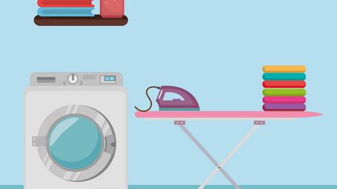 Icon links die Waschmaschine und rechts der Bügelbrett