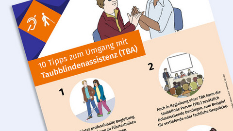 Ausschnitt eines Plakats in der Hauptfarbe orange mit zehn runden grafischen Illustrationen und dem Titel "10 Tipps zum Umgang mit Taubblindenassistenz"