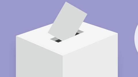 Eine Wahlurne mit zusammengefaltetem Wahlzettel in der Öffnung, daneben das Zeichen für DGS: Zwei gebärdende Hände