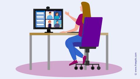 Illustration. Eine Frau sitzt am Schreibtisch. Auf dem Computerbildschirm sieht man ein Video-Chat-Fenster mit vier Teilnehmern.