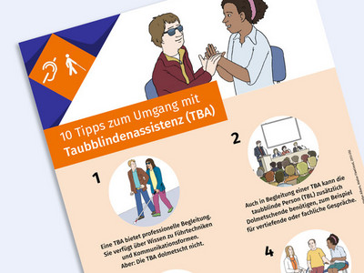 Ausschnitt eines Plakats in der Hauptfarbe orange mit zehn runden grafischen Illustrationen und dem Titel "10 Tipps zum Umgang mit Taubblindenassistenz"