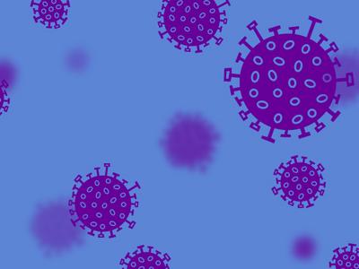 Illustration mit Corona-Viren vor hellblauem Hintergrund