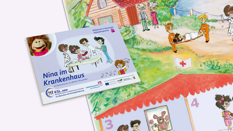 Ein Bilderbuch "Nina im Krankenhaus" in Deutscher Gebärdensprache