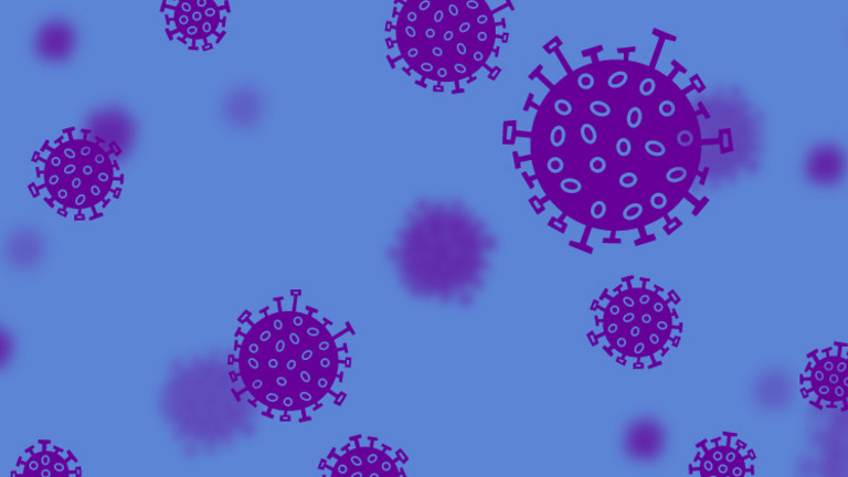 Illustration mit Corona-Viren vor hellblauem Hintergrund