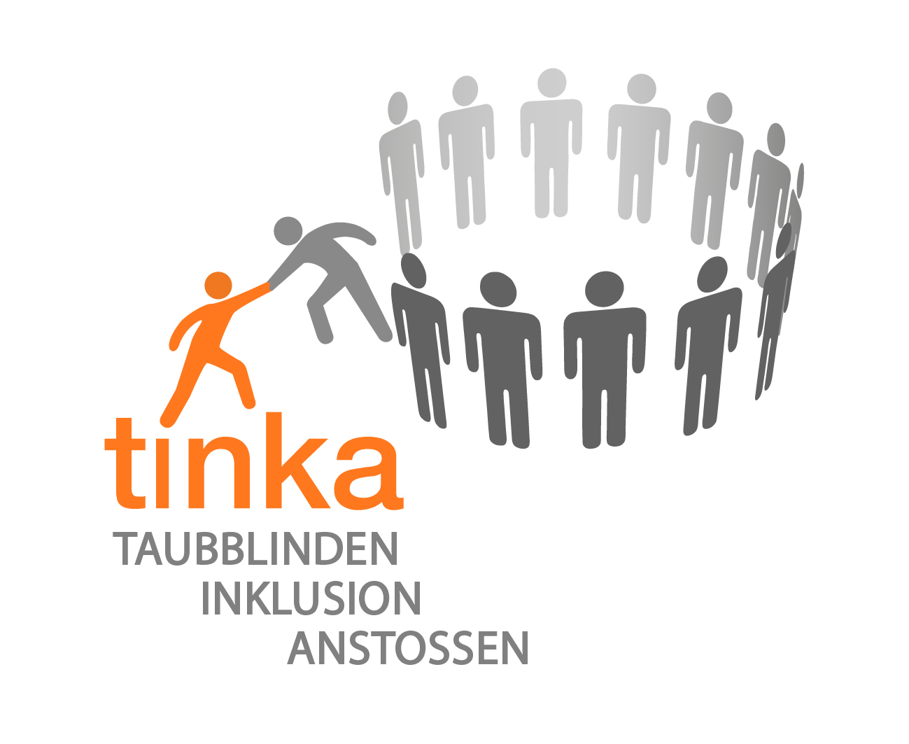 Ein Kreis von Menschen, der einen weiteren Menschen von außen zu sich in den Kreis holt. Text: tinka. Taubblinden Inklusion anstoßen.