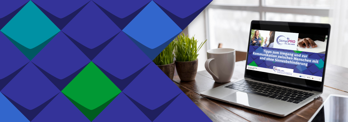 Ein Laptop mit geöffneter Präsentation mit dem Titel: Tipps für den Umgang und die Kommunikation zwischen Menschen mit und ohne Sinnesbehinderung.