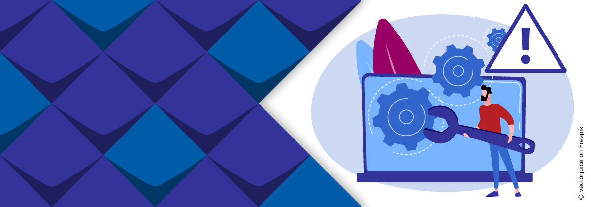 Illustratione eines Computers mit großen Zahnrädern, ein Mann arbeitet daran. Darüber ein Warndreieck.