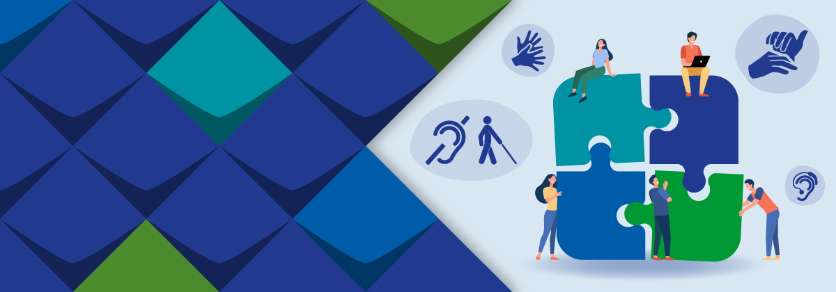 Illustration: Vier große Puzzleteile werden von mehreren kleinen Menschen zusammengesetzt. Darumherum Piktogramme zum Thema Taubblindheit