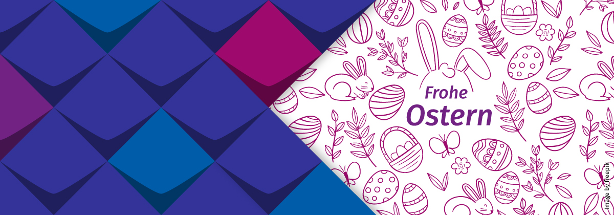 Zusammenstellung verschiedener Zeichnungen, wie Häschen, gemusterte Eier, Schmetterlinge und Blumen. Dazu der Text:. "Frohe Ostern"