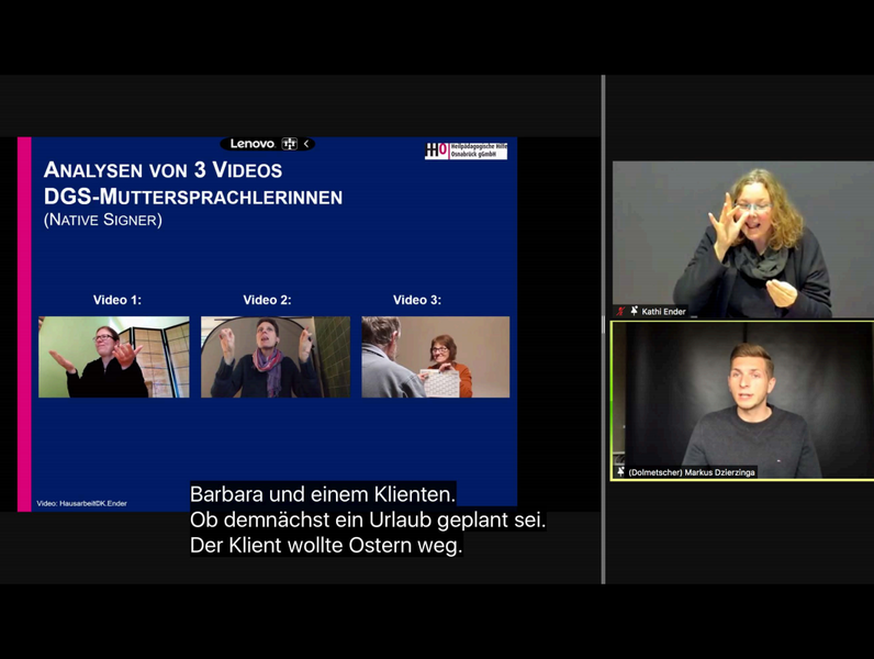 Screenshot Webinar DGS+ mit Präsentation, Referentin und Dolmetscher