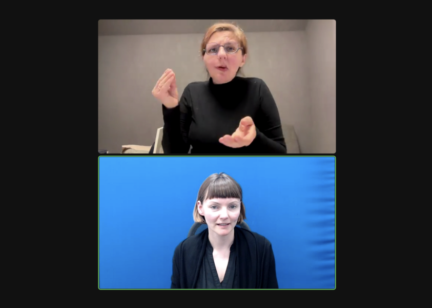 Screenshot aus dem Webinar mit Referentin Lela Finkbeiner und Dolmetscherin