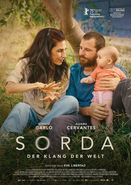 Ein Plakat "SORDA". Gehörlose Frau,hörende Mann und Kind sind dargestellt.