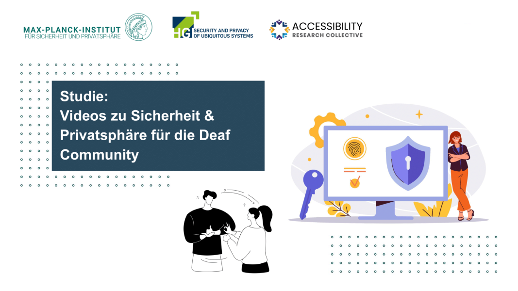 Studie: Videos zu Sicherheit und Privatsphäre für die Deaf Community. Logos,Tittel, Laotop sind dargestellt. Taube Menschen kommuniziere in Gebärdensprache. 