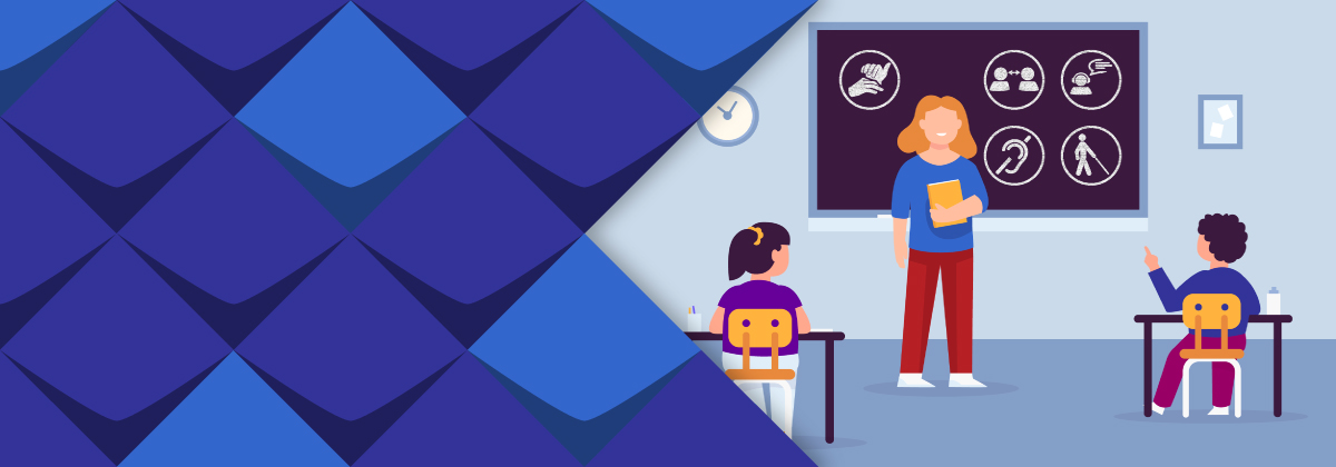 Illustration einer Lehrerin, die vor einer Tafel steht und zwei Schüler*innen Inhalte erklärt. 