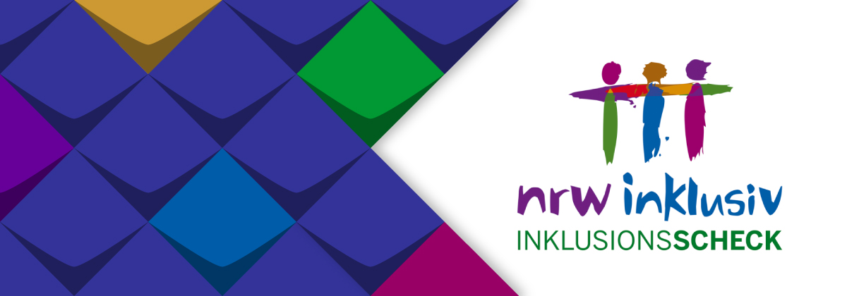 Titel: nrw inklusiv und Inklusionsscheck. Das Symbol zeigt drei Menschen in bunten Farben.