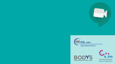 Videosymbol in Sprechblase. Logo des KSL Münster, Logo des Zenrtums für Disability Studies und des Transfernetzwerks soziale Innovation