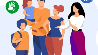 Illustration einer Familie, von links nach rechts: ein Junge mit Schultasche, ein Vater mit einem kleinen Mädchen auf dem Arm und dann die Mutter mit einer Assistentin neben ihr. Über der Familie sind Piktorgramme für verschiedene Sinnesbehinderungen plaziert.