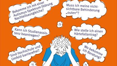 Ein gezeichneter junger Mensch stützt seinen Kopf auf die Hände und grübelt.
