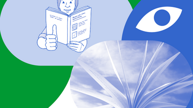 Lesende Person (Bild Leichte Sprache); aufgeblättertes Buch