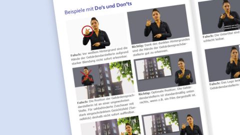 Doppelseite der Checkliste zur Erstellung von DGS-Videos. Zu sehen sind Beispielbilder mit guten und schlechten Beispielen.