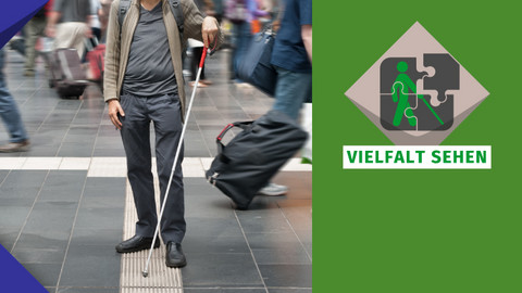 Vielfalt Sehen. Person mit einem Langstock.