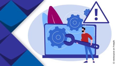 Illustratione eines Computers mit großen Zahnrädern, ein Mann arbeitet daran. Darüber ein Warndreieck.