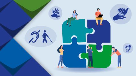 Illustration: Vier große Puzzleteile werden von mehreren kleinen Menschen zusammengesetzt. Darumherum Piktogramme zum Thema Taubblindheit