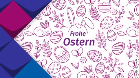 Zusammenstellung verschiedener Zeichnungen, wie Häschen, gemusterte Eier, Schmetterlinge und Blumen. Dazu der Text:. "Frohe Ostern"