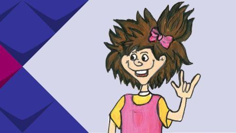 Illustration der Handpuppe Nina. Sie zeigt die Gebärde: I love you.