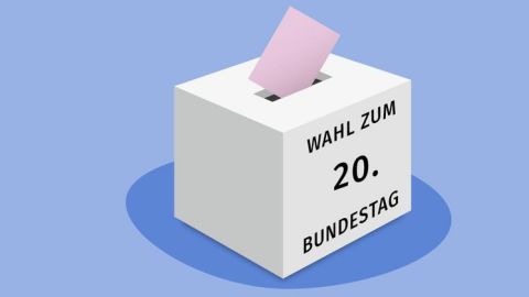 Wahlbox mit Wahlzettel, der eingeworfen wird. Rechts unten ist ein Button mit den Symbolen wie durchgestrichenes Ohr und einen Mann mit Langstock für Taubblind. 