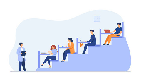 Vier Personen sitzen in einem Hörsaal an Tischen. Ein Dozent steht vorne. Abstrakte Grafik.