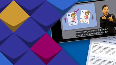 Spielanleitung in DGS. Die Frau gebärdet die Spielregeln und unten ist ein Infoblatt mit QR-Code dargetsellt.