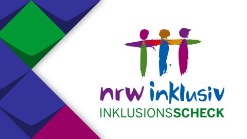 Titel: nrw inklusiv und Inklusionsscheck. Das Symbol zeigt drei Menschen in bunten Farben.