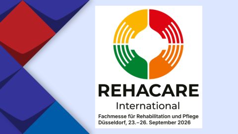 Im Hintergrund sind bunte Kacheln und ist ein Symbol (Kreis in Farbe gelb, rot, grün und orange) zu sehen. Unten ist der Titel: RehaCare, Datum: 23.- 26. Septemeber 2026 und die Beschreibung: Fachmesse für Reha und Pflege zu sehen.