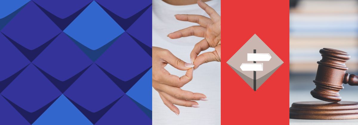 Collage mit drei Bildern: Zwei Hände formen die Gebärde für &quot;Dolmetschende&quot;, Illustration eines Wegweisers, ein Gerichtshammer auf einem Schreibtisch.