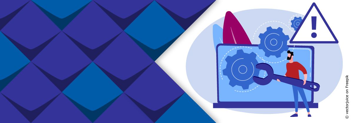 Illustratione eines Computers mit großen Zahnrädern, ein Mann arbeitet daran. Darüber ein Warndreieck.