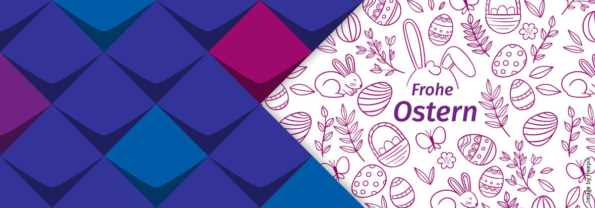 Zusammenstellung verschiedener Zeichnungen, wie Häschen, gemusterte Eier, Schmetterlinge und Blumen. Dazu der Text:. "Frohe Ostern"