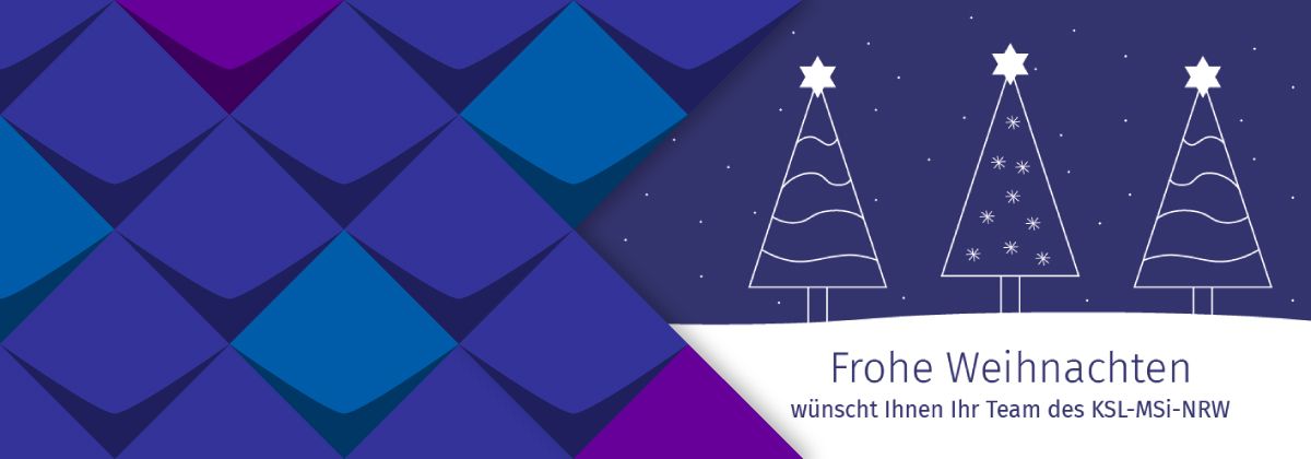Auf dem blauen Hintergrund sind drei Weihnachtsbäume mit Stern dargstellt.