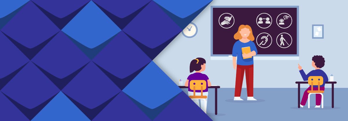 Illustration einer Lehrerin, die vor einer Tafel steht und zwei Schüler*innen Inhalte erklärt.