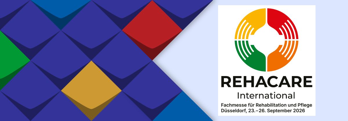 Im Hintergrund sind bunte Kacheln und ist ein Symbol (Kreis in Farbe gelb, rot, grün und orange) zu sehen. Unten ist der Titel: RehaCare, Datum: 23.- 26. Septemeber 2026 und die Beschreibung: Fachmesse für Reha und Pflege zu sehen.
