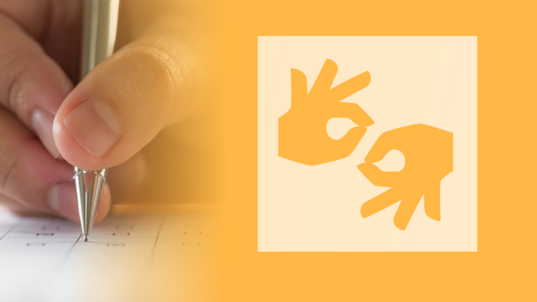 Links eine Hand die Kreuze macht. Rechts das DGS Zeichen.